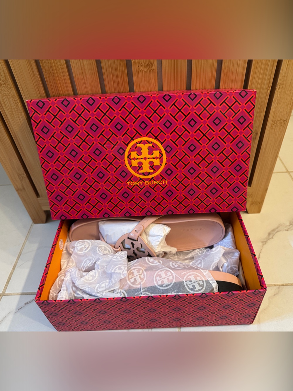 Tory Burch Blush Pink Miller Logo Leather Slide Sandals